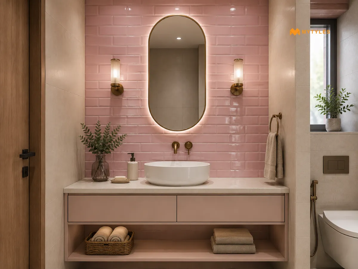 Glossy Pastel Subway Tiles for a Compact Vanity Wall